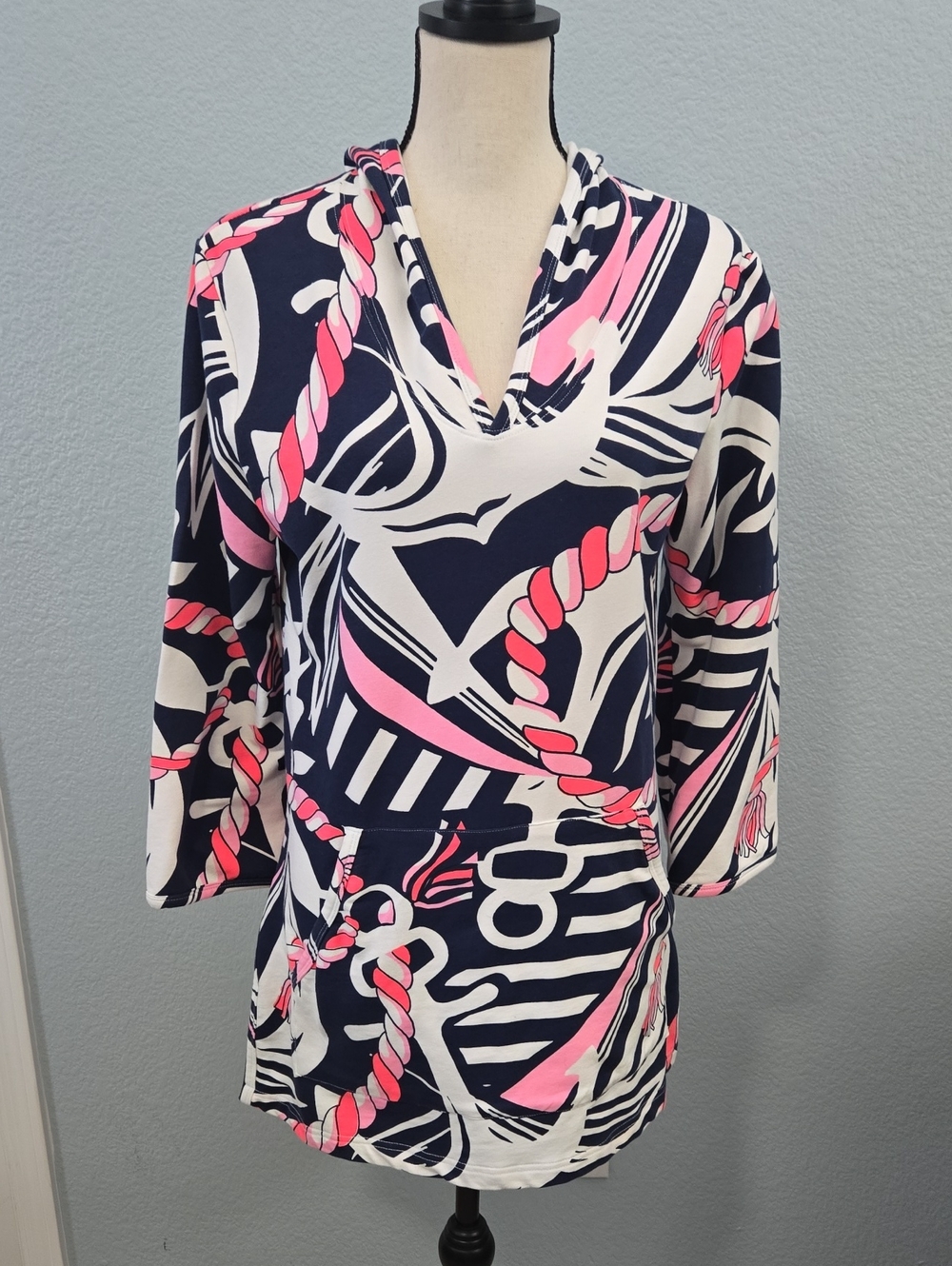 BARBARA GERWIT Cover Up Tunic Top Hoodie Anchor Rope Print Large Pink Blue Retro